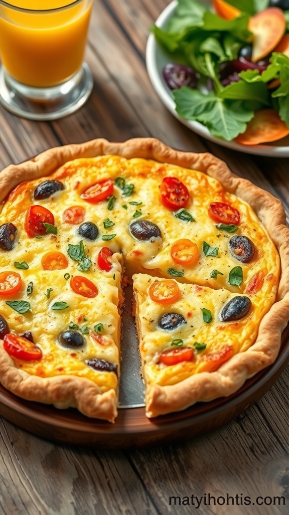 A slice of savory quiche with vegetables and cheese on a wooden table, served with a salad and orange juice.